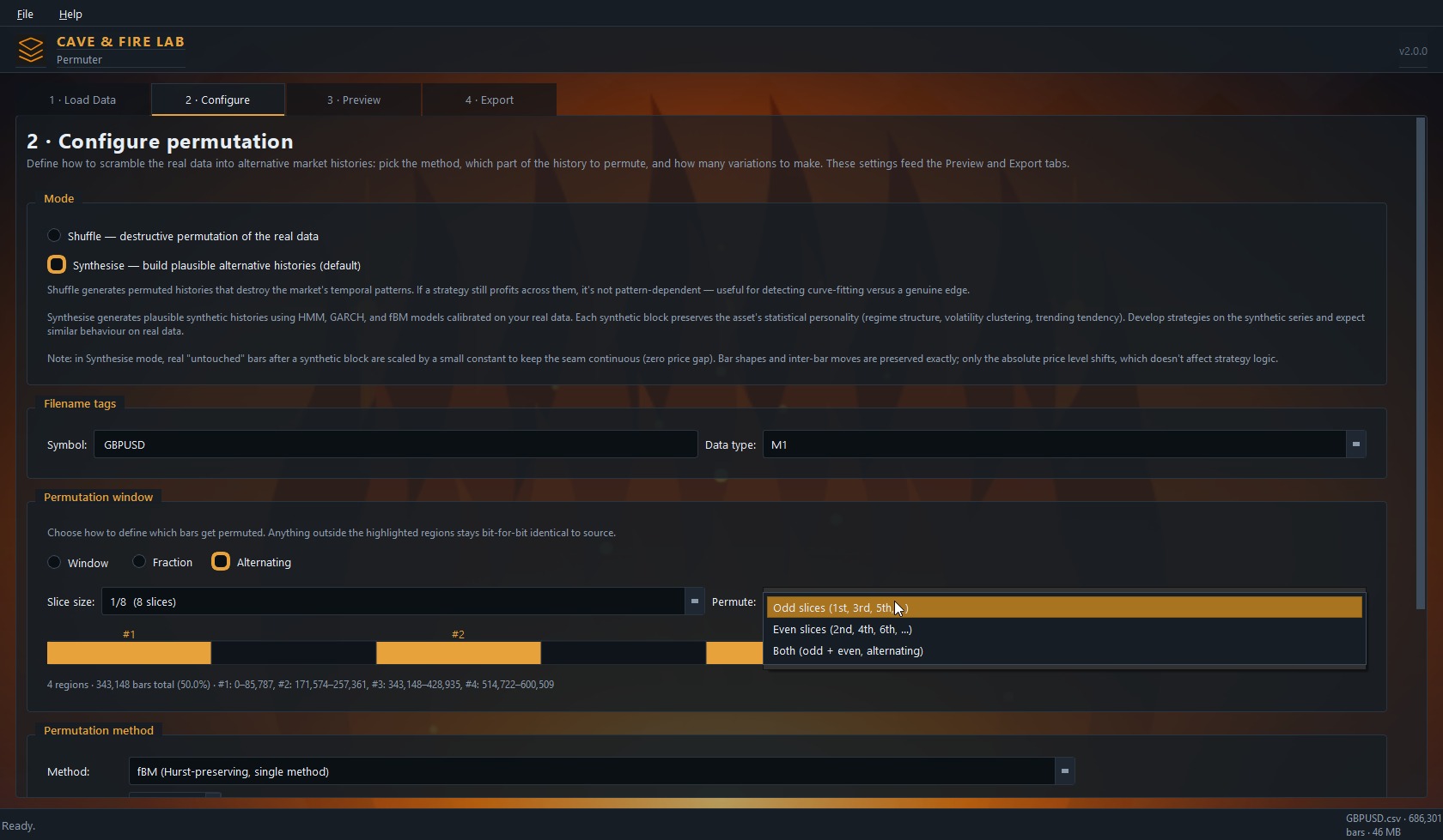 Permuter configure tab showing mode, window and method controls
